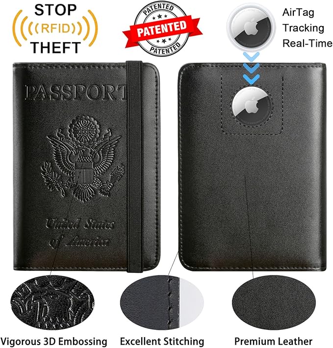 Airtag Passport Holder Cover Wallet Travel Essentials RFID Blocking Leather Card Case International Must Haves Travel Accessories for Women Men(119#Black)