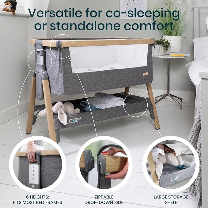 CoZee® 2-in-1 Baby Bassinet & Bedside Sleeper - Fast-Folding Bedside Bassinet, Baby Crib with 6 Mattress Heights & Breathable Mesh Window, Mattress Included, 0-6 Months (Oak & Charcoal)