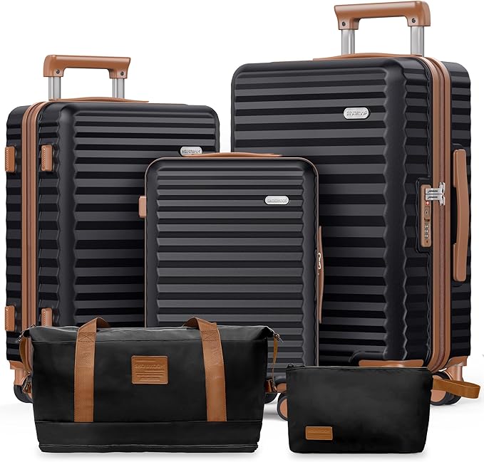 SHOWKOO Luggage Sets 3 Piece Hardside Expandable Suitcase with Double Spinner Wheels Tsa Lock, (Black, 5 piece set)