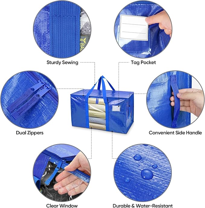 BALEINE 6-Pack Oversized Moving Bags with Reinforced Handles, Heavy-Duty Storage Tote Moving Supplies for Packaging, Camping (Blue w/Window, 6-Pack)