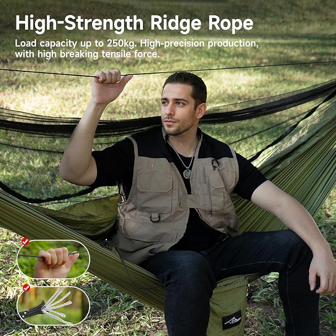 Camping Hammock with Mosquito Net and Ridge Rope, Extra Large for 2 Person, Lightweight Hanging Hammocks Tree Straps, All-in-one Fast Open Hammock for Outside, Hiking, and Travel