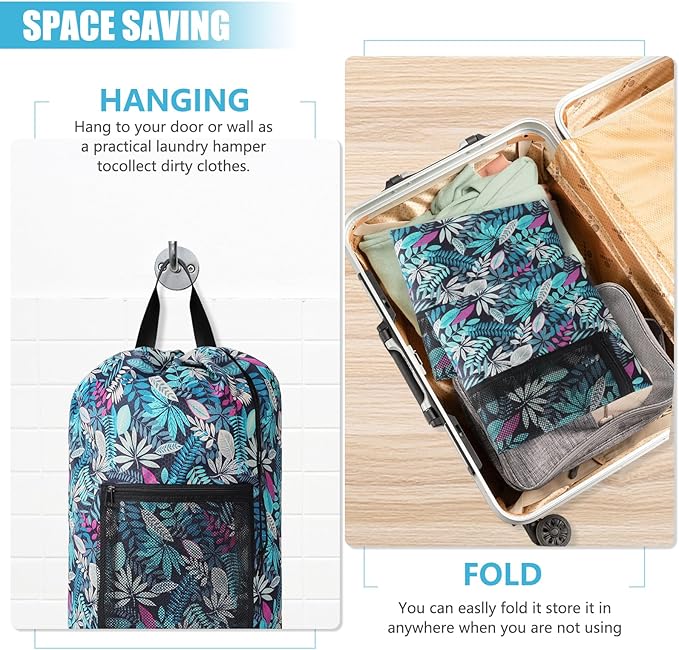 Portable with Adjustable Shoulder Straps Travel Dirty Laundry Bag,with Drawstring Closure & Mesh Pocket Backpack Laundry Bag for College,Apartment,Camping(Green Leaf)