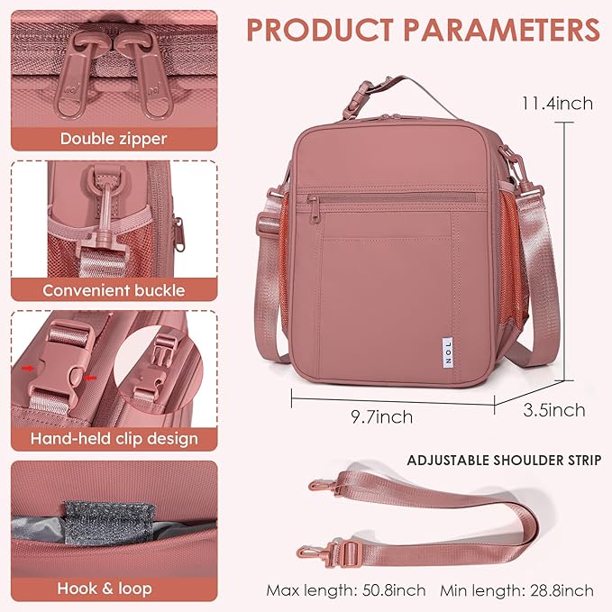 NOL Nylon Waterproof Kids Lunch Bag, Insulated Lunch Bag, Lunch box Cooler, Reusable, Zip Closure with Buckle Handle Holds Lunch Box, Snacks & Water Bottle for School Work, Dark pink