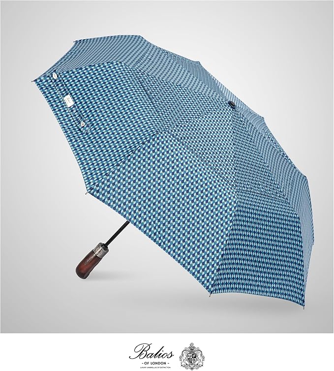 Balios Travel Folding Umbrella with Real Wood Handle Auto Open Close Vented Windproof Canopy - Designed in UK