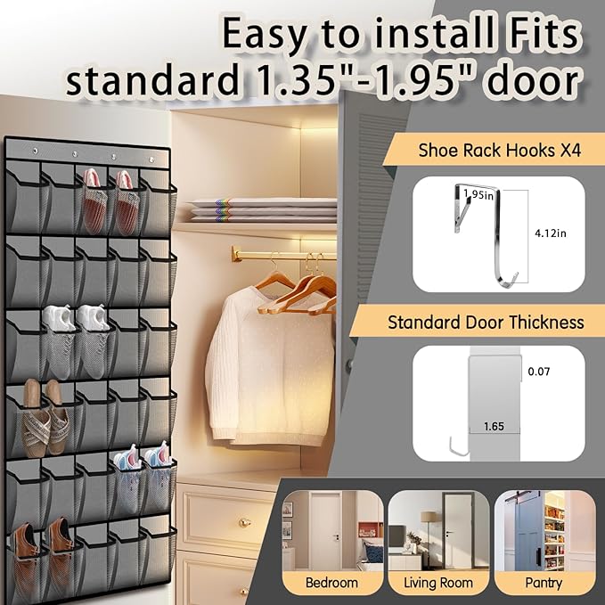 2PCS Over the Door Shoe Organizer with 30 Breathable Mesh Pockets - Large Capacity Closet Storage for Men & Women, Hanging Shoe Rack Organizer -Gray
