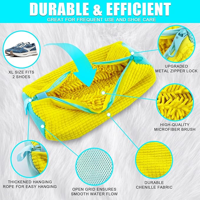 XXL Shoe Washing Machine Bag - 2-Pack Reusable Shoe Cleaning Bags, 360° Deep Clean for Tennis Shoes, Sneakers and Slippers, Includes 2 Storage Dust Bags (Yellow)