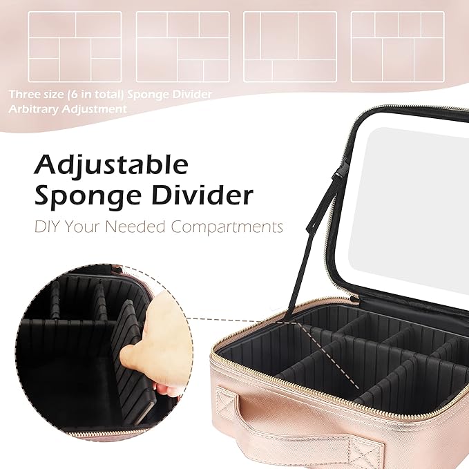 MOMIRA Travel Cosmetic Train Case with Lighted Mirror 3 Color Scenarios Cosmetic Bag Organizer with Adjustable Dividers Makeup Storage for Women, Makeup Accessories & Tools Case Champagne