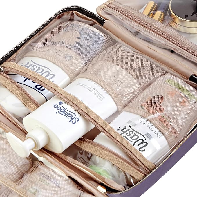 NISHEL Travel Toiletry Bag for women, Portable Hanging Organizer for Full-Sized Shampoo, Conditioner, Brushes Set, Makeup Accessories, Large Size, Purple