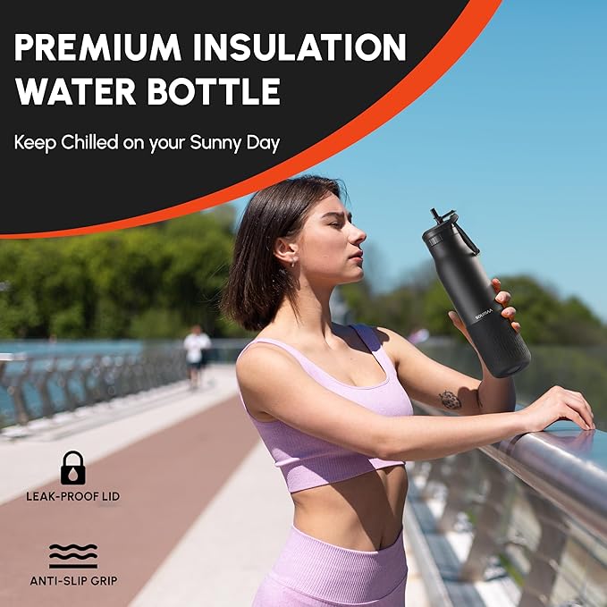 Insulated Stainless Steel Water Bottles with Straw, Wall Vacuum Insulated Water Bottle with Straw for Gym Traveling Camping Hiking Outdoor Activity(2 Cleaning Brushes+1 Carabiner, 26 oz Black)