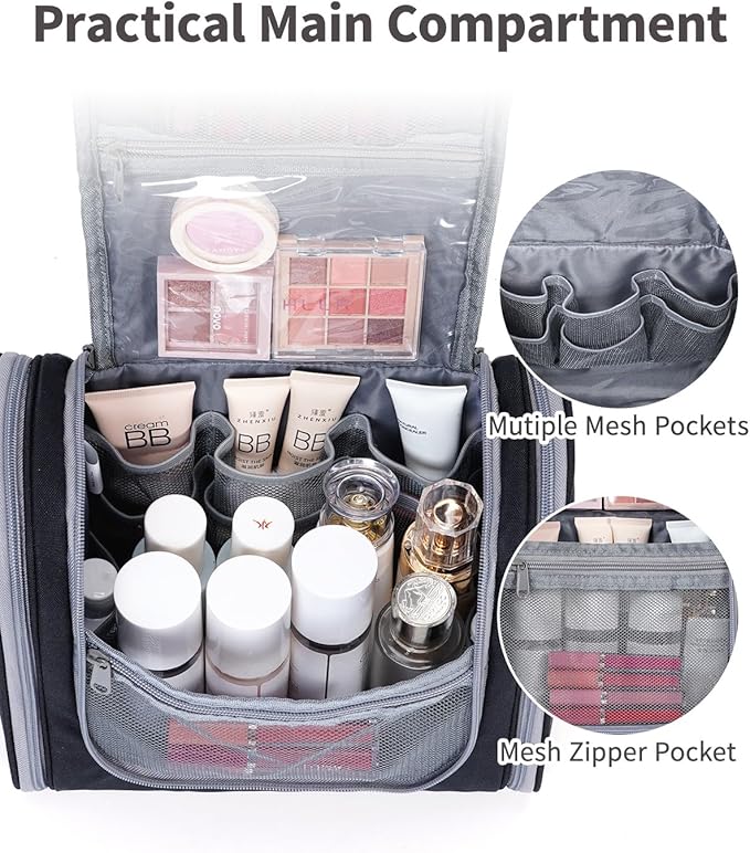 Narwey Hanging Toiletry Bag for Women Travel Makeup Bag Organizer Toiletries Bag for Cosmetics Essentials Accessories (Large, Black)