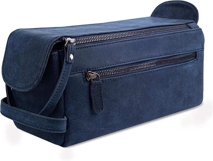 LEATHER VILLAGE Premium Leather Travel Toiletry Bag - Unisex Water-Resistant Travel Dopp Kit, Shaving & Cosmetic Organizer for Men & Women - Compact Bathroom Essentials - Royal Blue