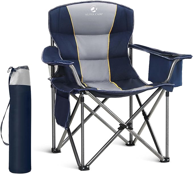 LET'S CAMP Folding Camping Chair Oversized Heavy Duty Padded Outdoor Chair with Cup Holder Storage and Cooler Bag, 450 LBS Weight Capacity, Thicken 600D Oxford