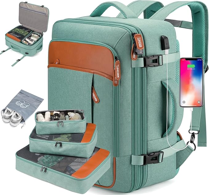Travel Laptop Backpack,42L Carry on Luggage, Flight Approved Expandable Backpack,Business Anti Theft Weekender Bags for Women Men, Water Resistant Expandable Backpacks With 4 Packing Cubes