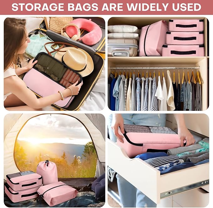 8 PCS Compression Packing Cubes for Travel Women, Compression Bags Organizer for Luggage Space Saving Travel Essentials and Carry on, Luggage Organizer Bags for Suitcase - Pink