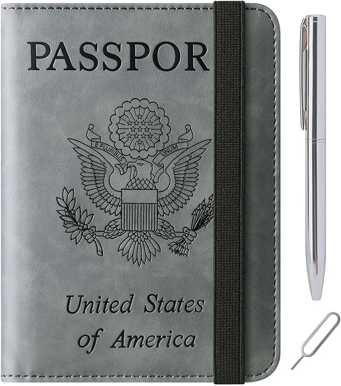 Passport Holder Cover Wallet Travel Essentials Leather Rfid Blocking Case Vacation Luggage Must Haves Travel Accessories for Men Women (116#Grey)