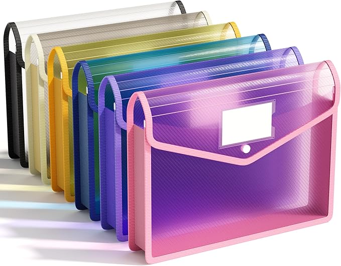 ABC life 6 Pack Plastic Expanding File Folder, Transparent Envelopes with Snap Closure, No Dividers, Large Capacity, Assorted Colors, Large Capacity, Fit Letter/A4 Size - Mutilcolor 03