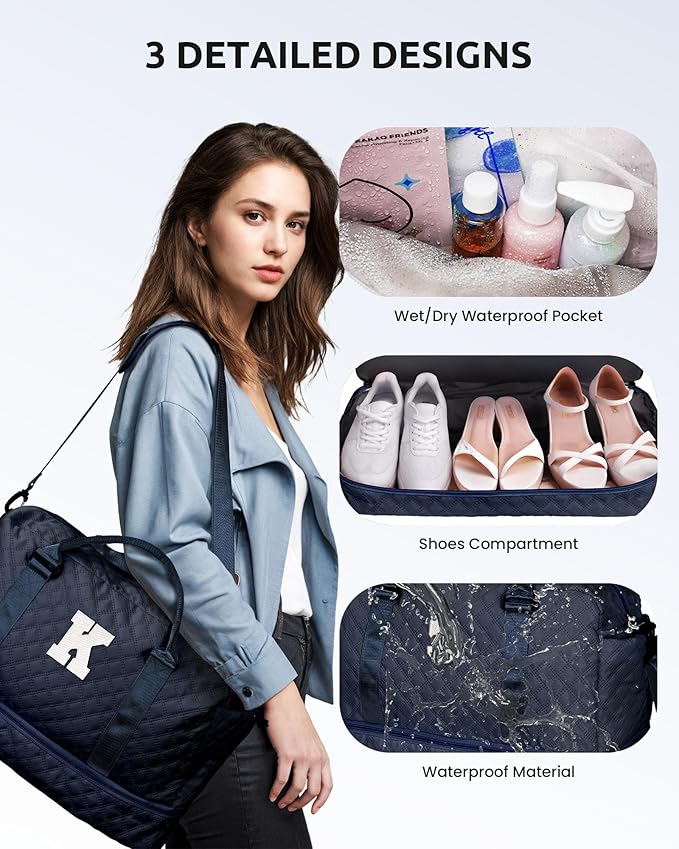 Gifts for Teen-Girls-Initial Duffle Bag with Shoe Compartment, Personalized Weekender Bag, Monogram Overnight Bag, Travel Bag with Makeup Bag，Birthday Gift Graduate Gifts for Her (Letter H)