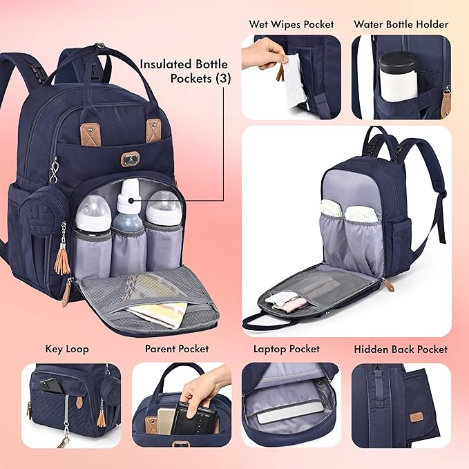 Dikaslon Diaper Bag Backpack with Portable Changing Pad, Pacifier Case and Stroller Straps, Large Unisex Baby Bags for Boys Girls, Multipurpose Travel Back Pack Moms Dads, Navy Blue