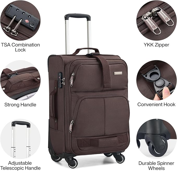 Hanke 28 Inch Softside Expandable Luggage with Spinner Wheels,Check Large Luggage Rolling Suitcase Travel Luggage with TSA Approved,Coffee
