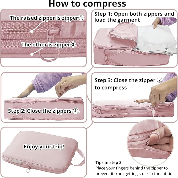 tianzong Compression Packing Cubes for Suitcases, Luggage Organizer Bags Set for Travel (Pink, 2 Pack Large)