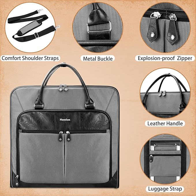 Garment Bag Travel Large Leather Carry On Suit Bag with Strap for Business Hanging Suitcase Luggage Bags for Men Women (Grey)