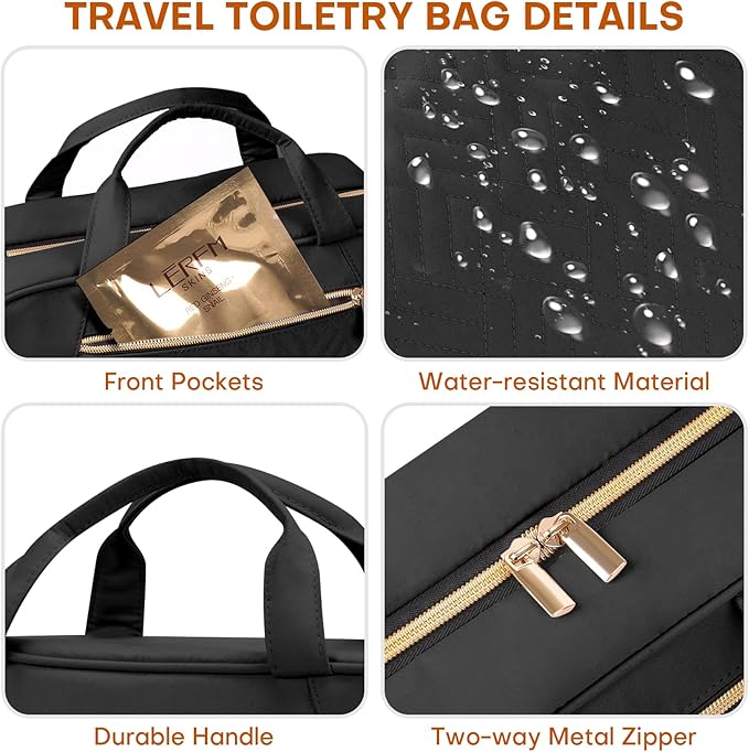 Hanging Toiletry Bag for Women Travel, 2 Sizes Large & Small Waterproof Cosmetic Organizer with 4 Compartments, Rotating Hook, Foldable Pink Travel Bag for Toiletries & Makeup - Large Black