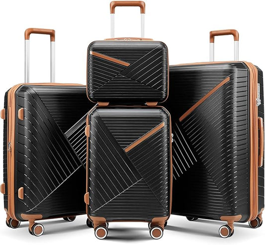 Campfun Luggage 4 Piece Sets, Expandable Carry On Luggage Set Hardshell PP, Suitcase Set with Double Spinner Wheels, Checked Durable Lightweight with TSA Lock, 14in 20in 24in 28in-Black Brown(B)
