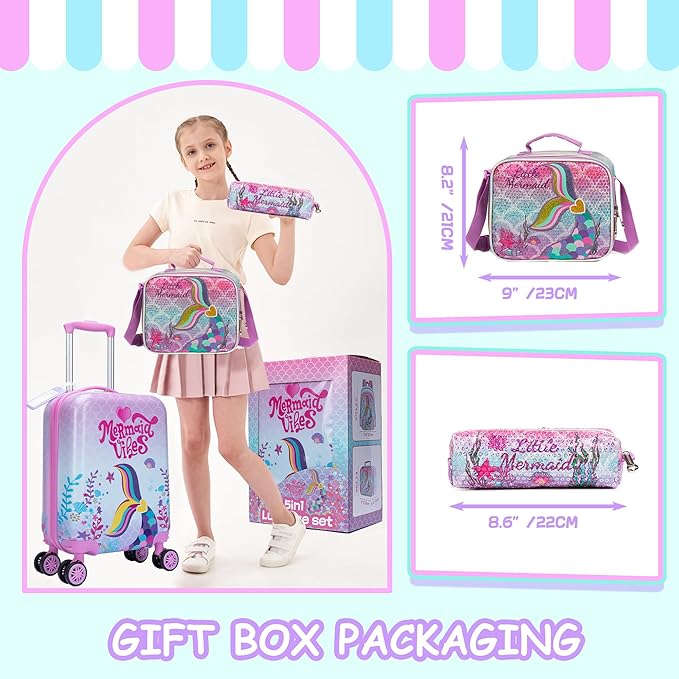 Cute Pink Mermaid Kid’s Luggage Set 5 Piece Suitcase Set 16’’ Hardside Luggage with Spinner Wheels Girls Boys Carry on Toddler Luggage Travel Rolling Luggage Carry on Luggage Airline Approved
