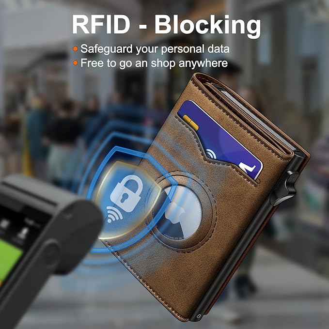 Airtag Wallet for Men,with Cash Pocket 2 ID Window 9-12 Cards,Metal Case Smart Slim Pop Up Credit Card Holder Flip with Magnetic Closure RFID Blocking Trifold wallet with Gift Box