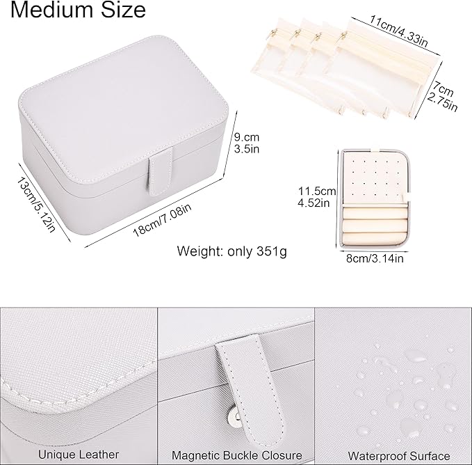 2 Layer Portable Jewelry Box, Large Jewelry Travel Case with 4 Jewelry Pouches, Medium Size Jewelry Organizer Box for Earrings, Necklaces, Bracelets (light gray)