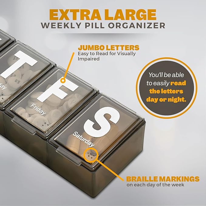 Weekly Pill Organizer - Extra Large with Easy to Read Jumbo Letters Vitamin Container, BPA Free - Daily Travel 7 Day Medication Pill Box Case, (Black)