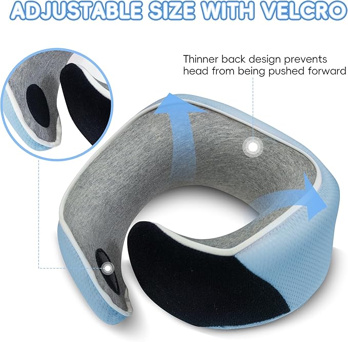 Junior Kids Travel Neck Pillow - Ergonomic Memory Foam Pillow for Airplane, Car, Booster Seat - Soft, Washable, Compact Travel Pillow with Strap - Light Blue - Ages 4–13