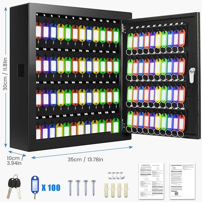100 Keys Key Lock Box, Anti-Theft Key Cabinet with Key Tags, Key Organizer Wall Mount for Car Garage House Rental Office Business