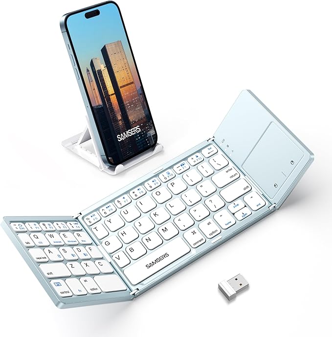Samsers Multi-Device Foldable Bluetooth Keyboard with Touchpad, Rechargeable Dual-Mode(2.4G+BTx2) Wireless Keyboard with Holder, Portable Folding Keyboards for Android Windows iOS Mac OS - Blue