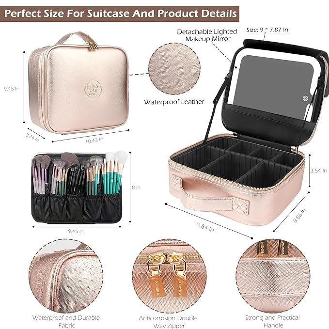 MOMIRA Travel Makeup Bag Cosmetic Bag Makeup Organizer Bag with Lighted Mirror, Adjustable Brightness in 3 Color Scenarios, Waterproof Makeup Train Case, Gift for Women - Champagne