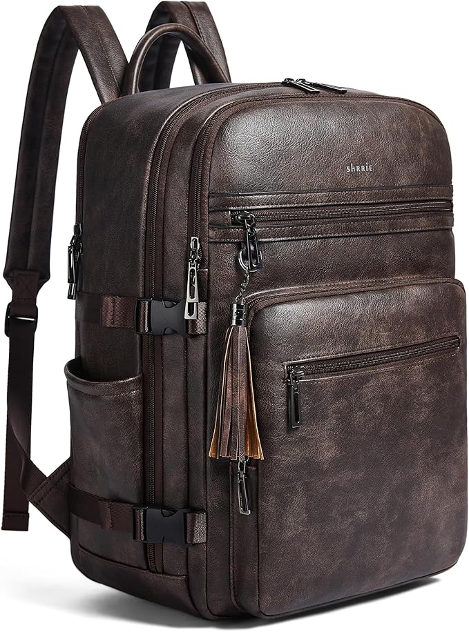 Shrrie Laptop Backpack for Women,Vegan Leather Backpack Work Computer Backpacks fits 16" Laptop,Water Resistant Teacher Nurse Casual Daypack for Weekender Camping Travel,Two-toned Coffee