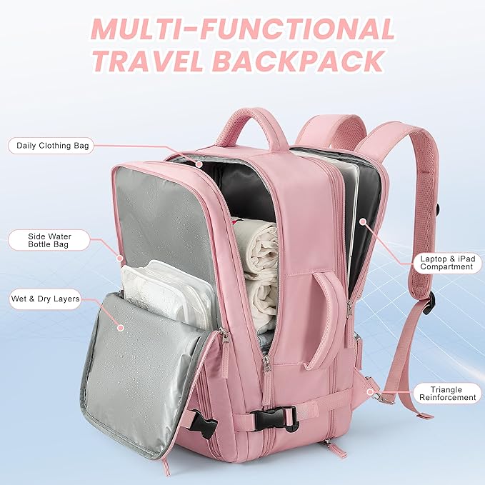Beraliy Large Travel Backpack for Women, Personal Item Bag Airline Approved, Carry On Luggage, 17 inch Laptop Backpack, Waterproof Backpack, Hiking Backpack, Pink