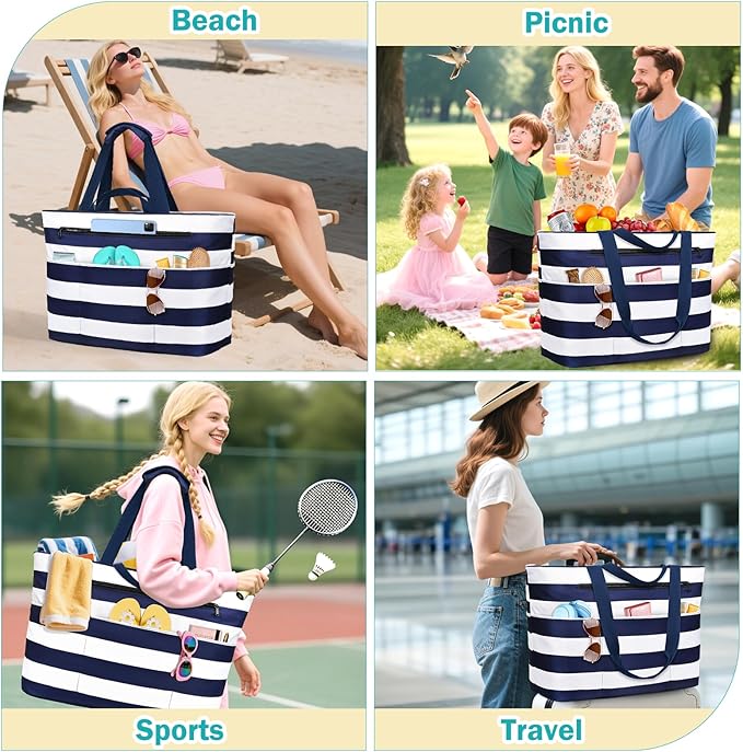 Extra Large Beach Bags for Women, Waterproof Sandproof Beach Tote Bag Zipper Foldable Swim Pool Bag with Wet Pocket