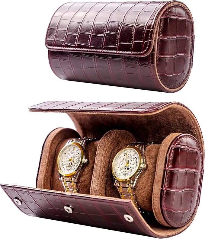 MR.OKAY 2 Watch Travel Case- Classic Leather Watch Case With Superb Texture.(Portable Watch Roll Or Organizer For Storage And Display).Festival Gift For Men, All Handcrafted By Artisans.