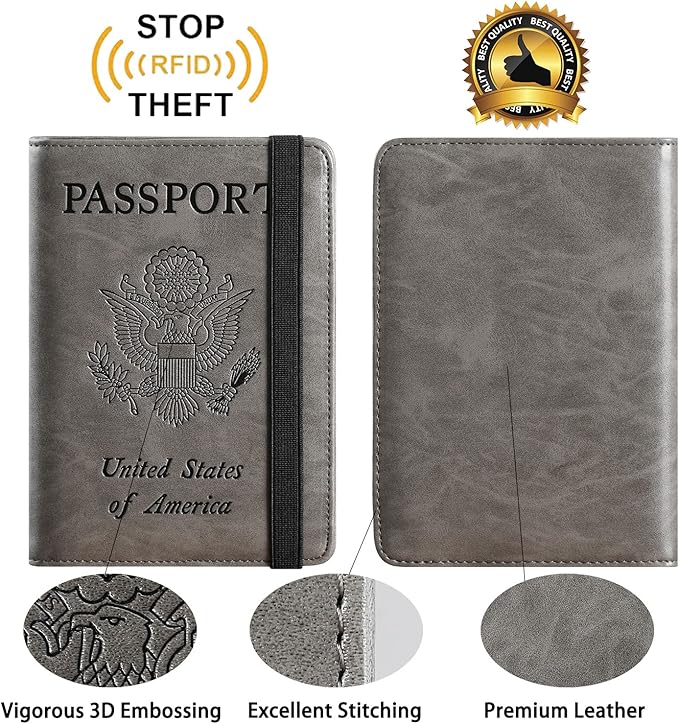 Passport Holder Cover Wallet Travel Essentials RFID Blocking Leather Card Case International Must Haves Travel Accessories for Women Men(113#Grey)