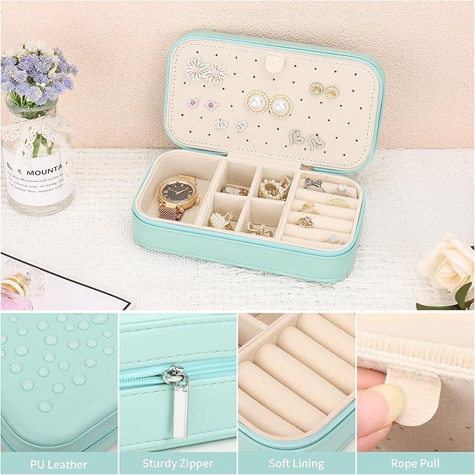 DesignSter Travel Jewelry Box, PU Leather Portable Jewelry Case, Small Jewelry Boxes for Gifts, Travel Jewelry Organizer for Women Rings Earrings Necklaces Bracelets (Mint Green)