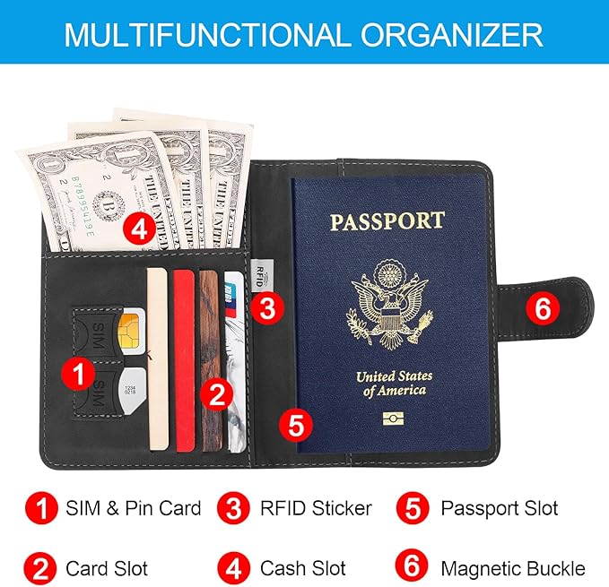 Passport Holders, RFID Blocking Credit Card Holder, PU Leather Vaccine Card Holders for Travel with Magnetic Buckle, Travel Must Haves Cruise Ship Essentials for Men, Women (Black)