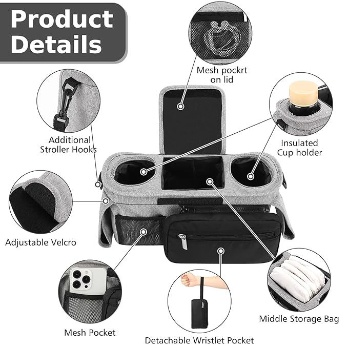 Accmor Universal Stroller Organizer with Insulated Cup Holder Detachable Phone Bag and Shoulder Strap,Stroller Bag Caddy Organizer Fits for Uppababy, Baby Jogger, Britax Strollers