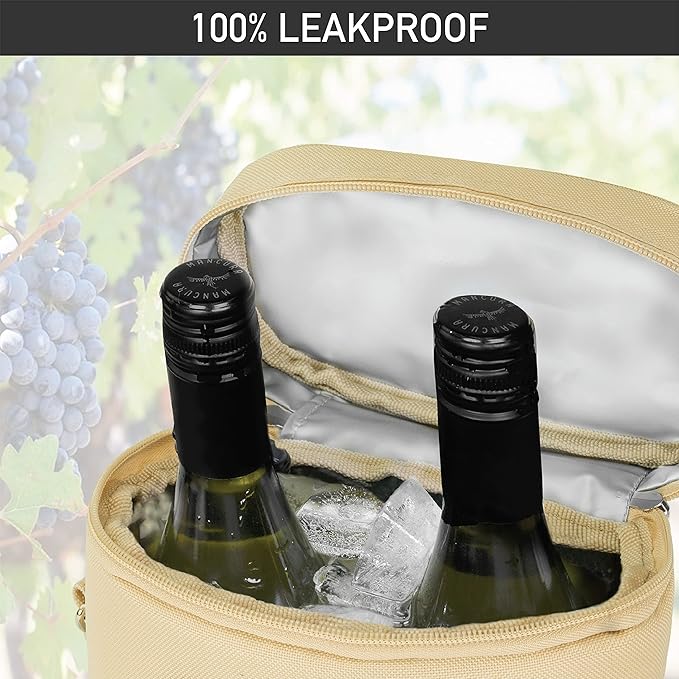 opux 2 Bottle Wine Carrier Tote, Insulated Leakproof Wine Cooler Bag, Wine Travel Bag Tote for Picnic Beach, Portable Wine Bottle Carrying Case, Gift for Wine Lover Women Men Christmas, Cream Beige