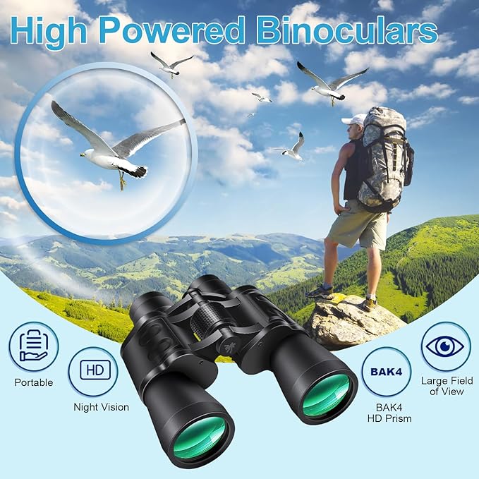 PISEZ 20X50 Binoculars for Adults High Powered with Low Light Vision，Compact Large View Waterproof Binoculars for Bird Watching Hunting Concert Traveling Theater Opera Sightseeing