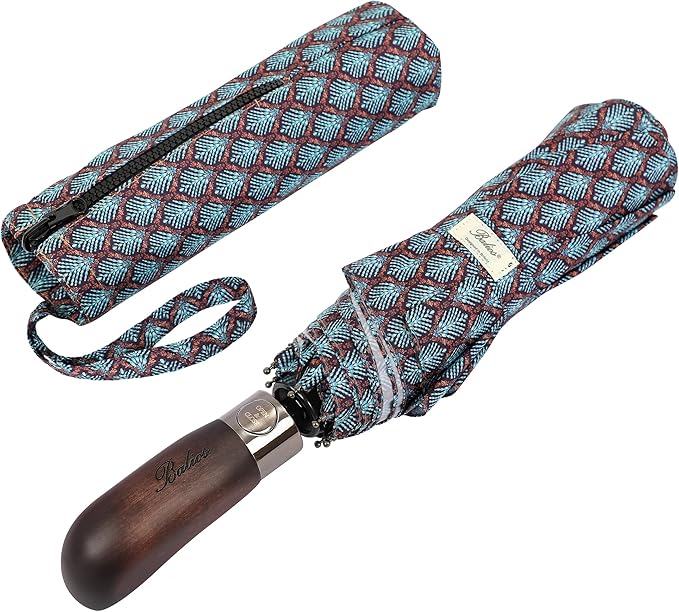Balios Travel Folding Umbrella with Real Wood Handle Auto Open Close Vented Windproof Canopy - Designed in UK