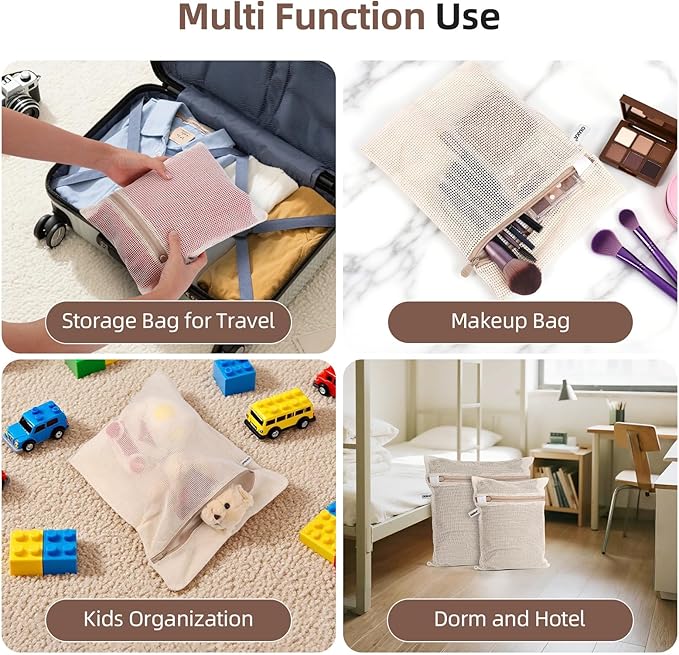100% Cotton Mesh Laundry Bags, Premium Soft, No Dye, Set of 4, Natural