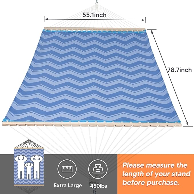 SUNCREAT Portable Double Outdoor Hammock, 450lbs Capacity, Quick Dry 2 Person Hammock with Hardwood Spreader Bar, Blue Waves