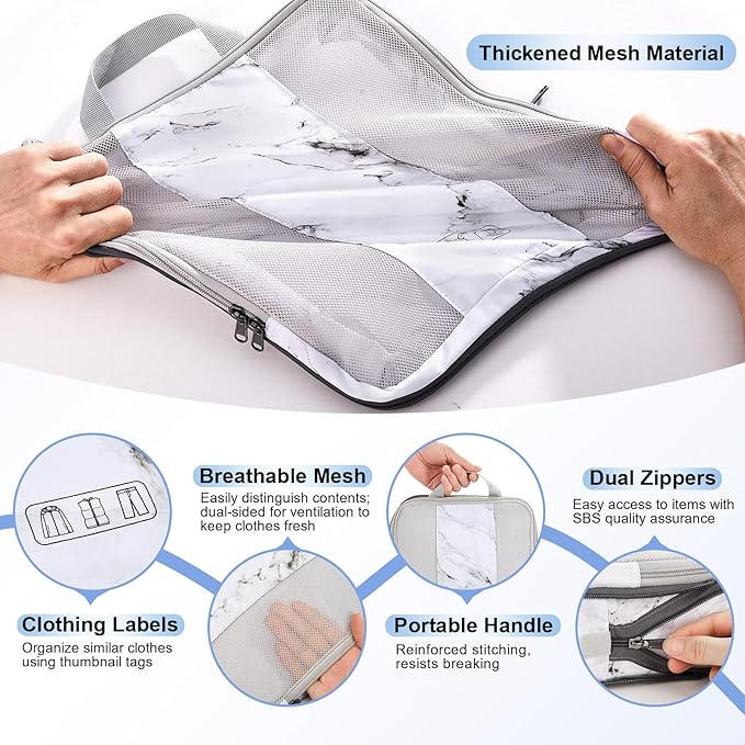 8 Set Compression Packing Cubes for Travel Essentials,Compressible Expandable Packing Cubes for Suitcase,OlarHike Luggage Organizer Bags for Travel,Handy Helper for Organizing Clothes(White Marble)