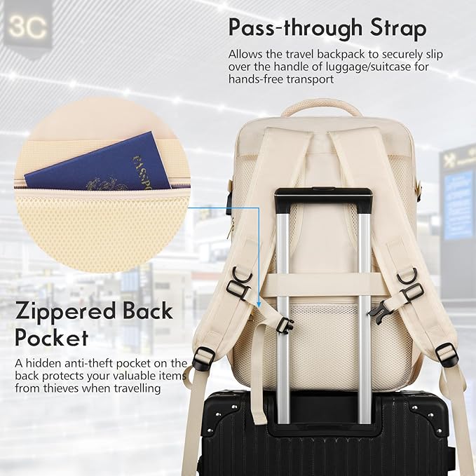 MOMUVO Large Travel Backpack Women, Flight Approved Carry On Backpack, Water Resistant Anti-Theft Large Casual Daypack Fit 17 Inch Laptop with USB Charging Port, Beige